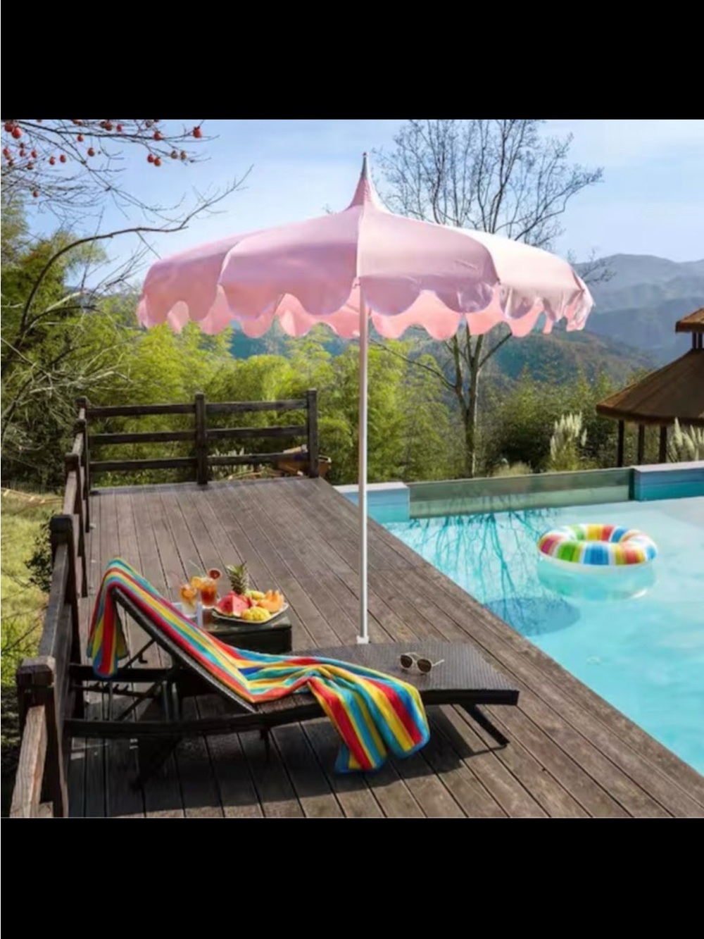 Pink Pagoda Patio Beach Umbrella - Lightweight Scalloped Canopy